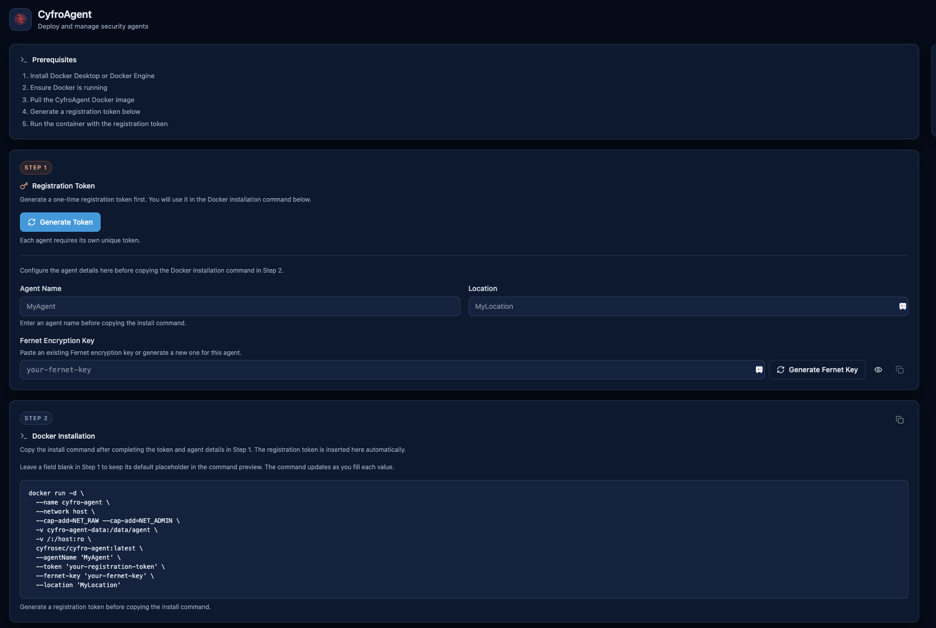 CyfroAgent setup page with prerequisites, registration token generation, and the Docker install command