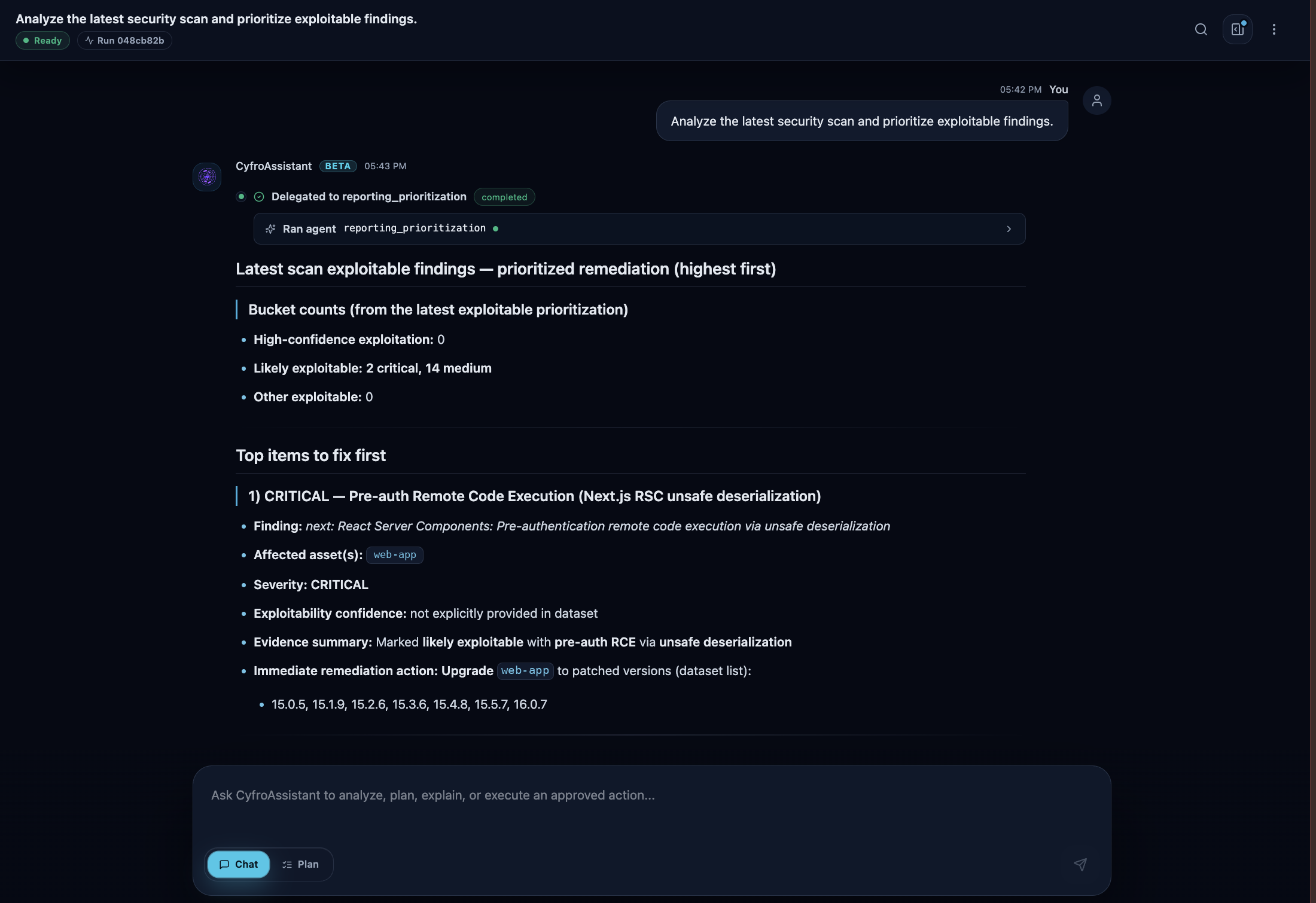 CyfroAssistant chat answering a request to analyze the latest scan and prioritize exploitable findings