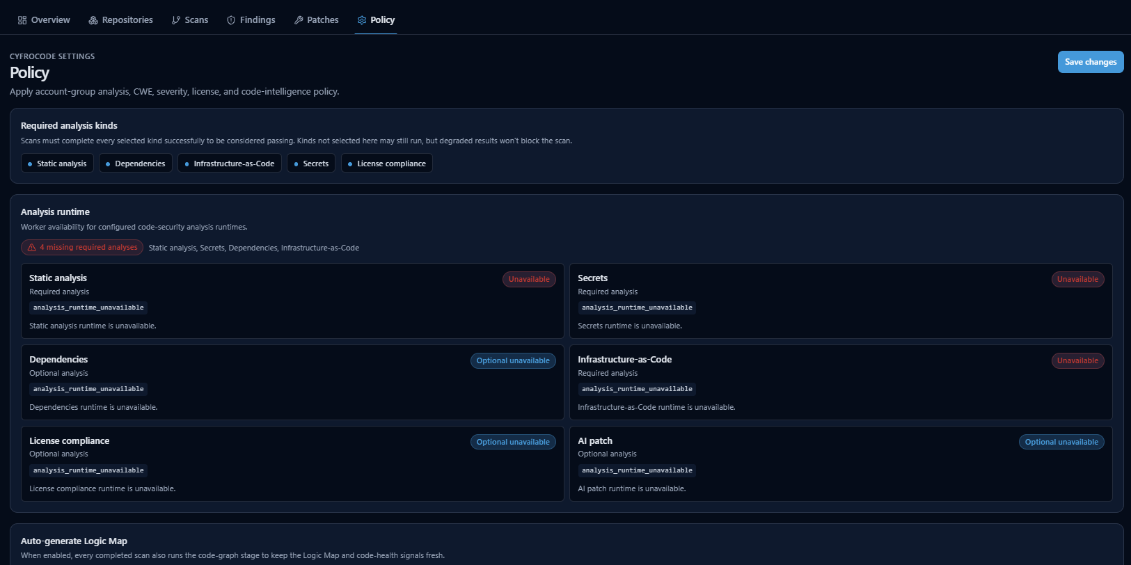CyfroCode Policy page with required analysis kinds, analysis runtime availability, and the auto-generate Logic Map toggle