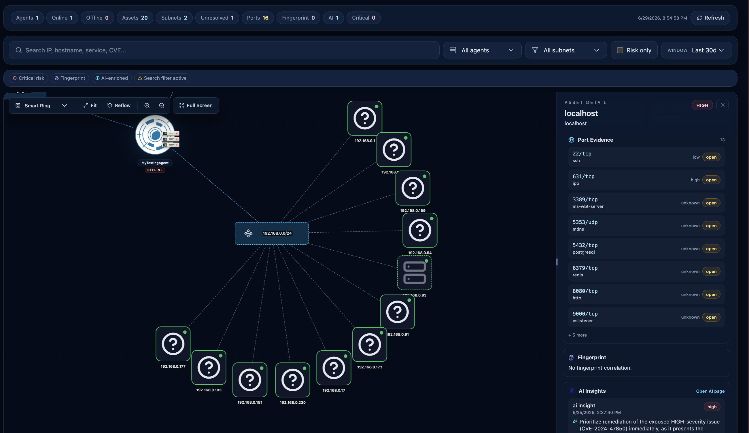 Interactive topology graph with a central subnet node linked to discovered hosts and an asset detail panel