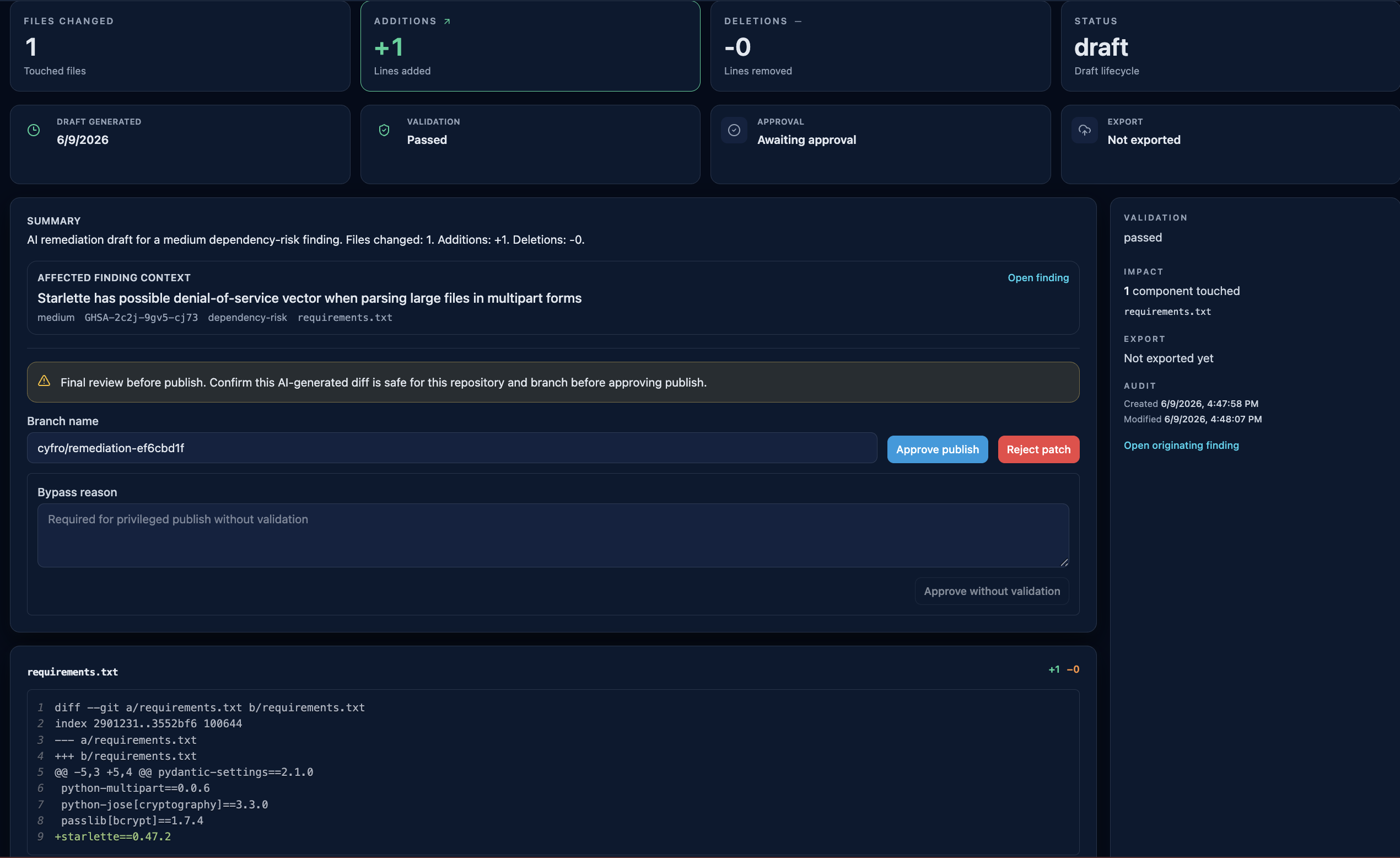 Patch detail with validation status, branch name, approval controls, and a unified diff