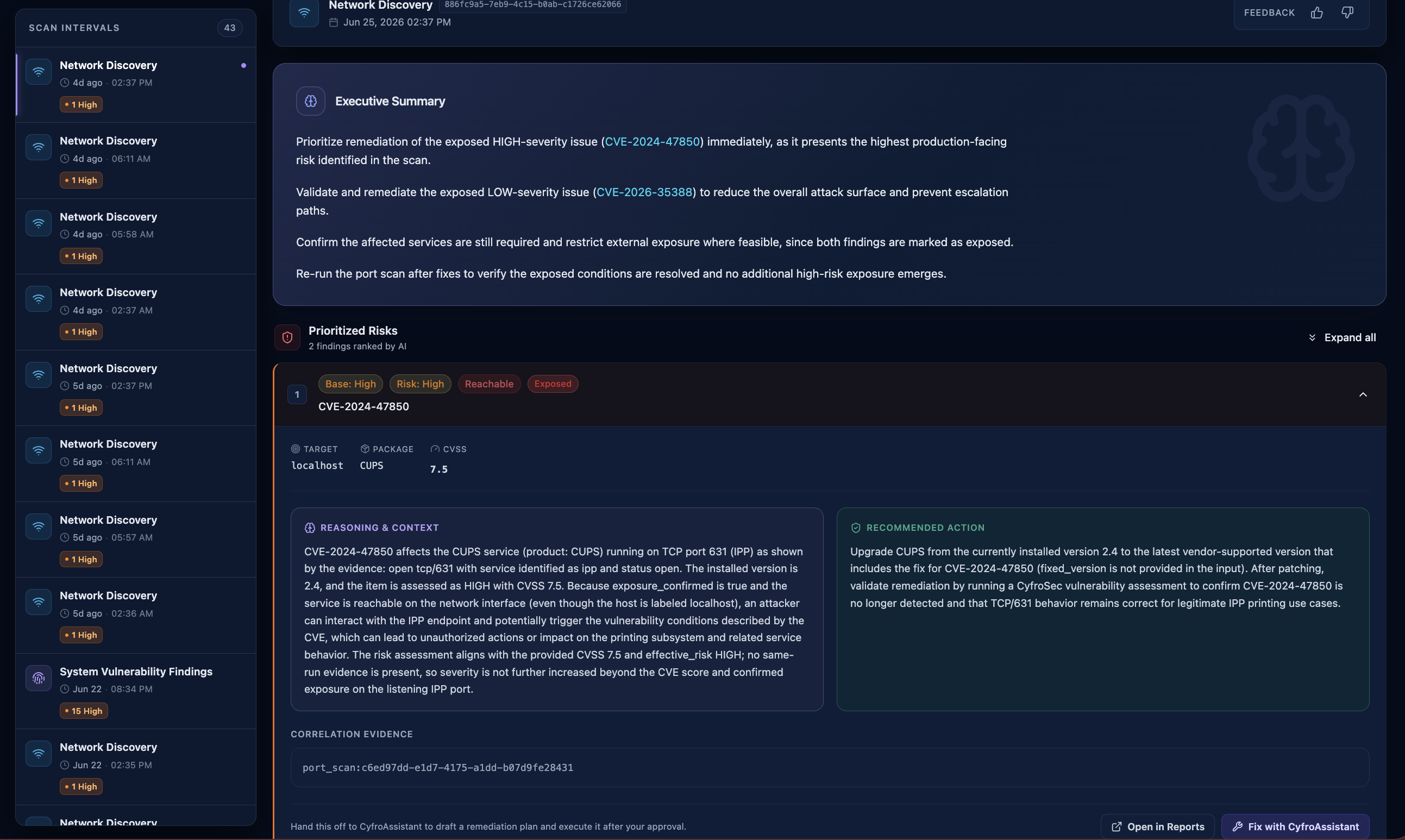 A completed scan interval with an AI executive summary and prioritized risk cards
