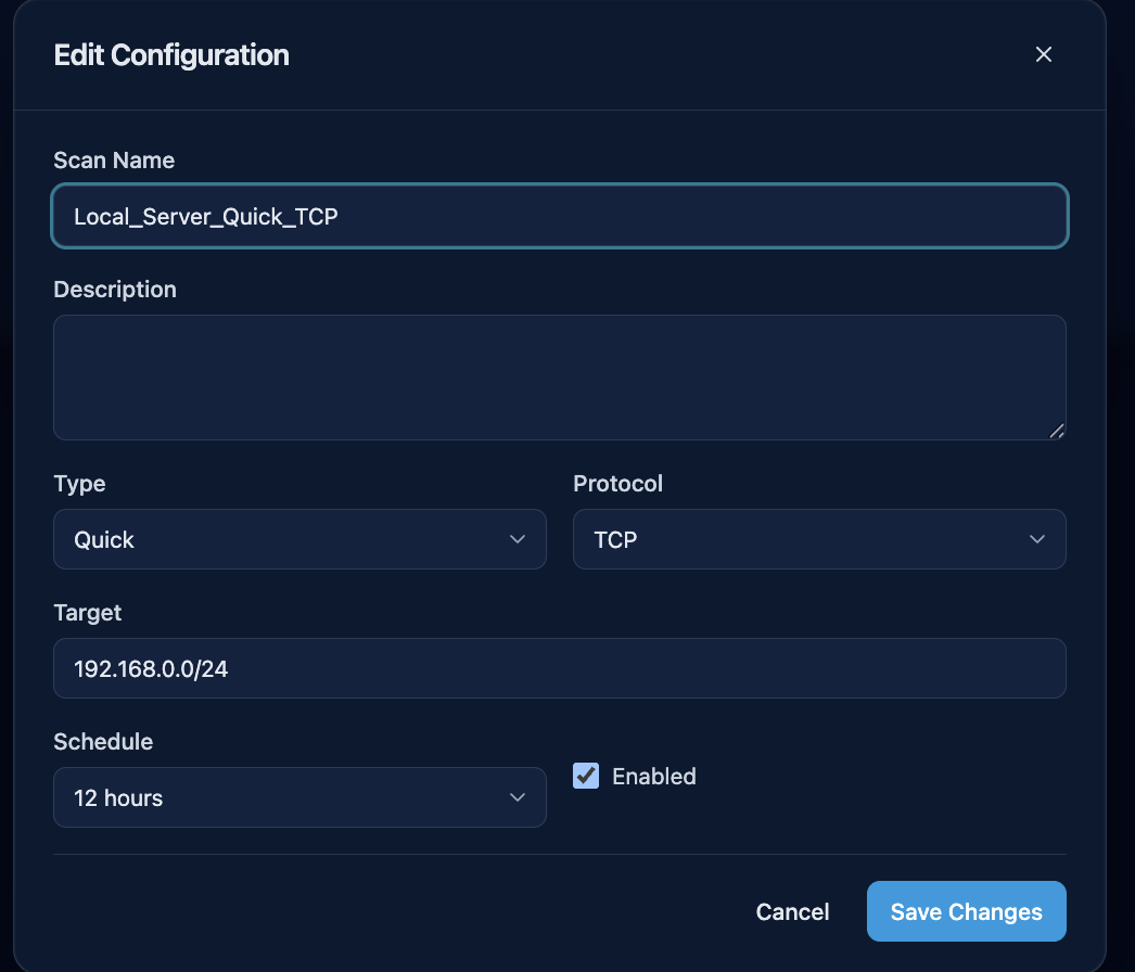 Edit configuration dialog pre-populated with a scan's name, type, protocol, target, and schedule
