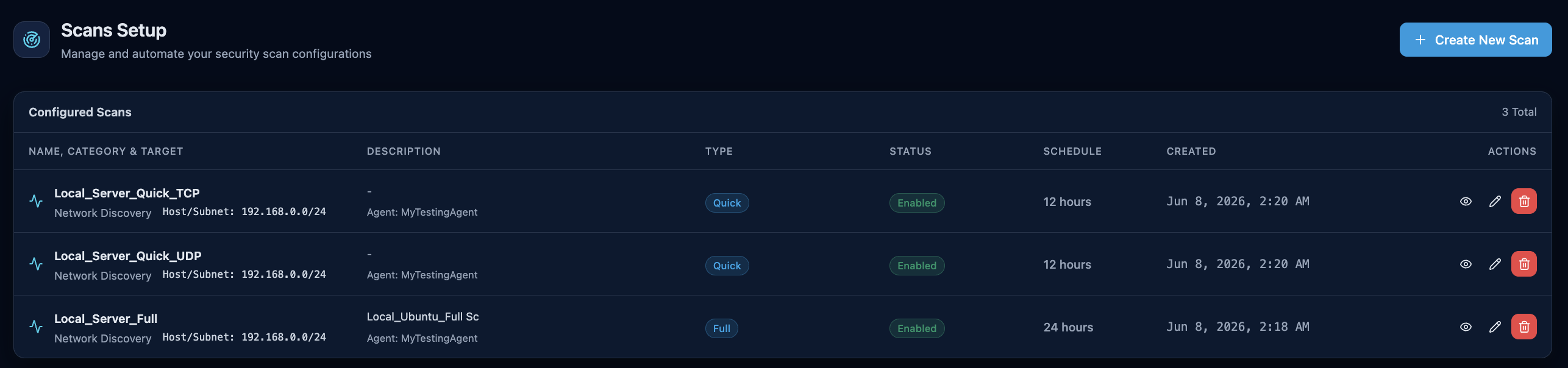 Scans Setup page listing configured scans with type, status, schedule, and row actions