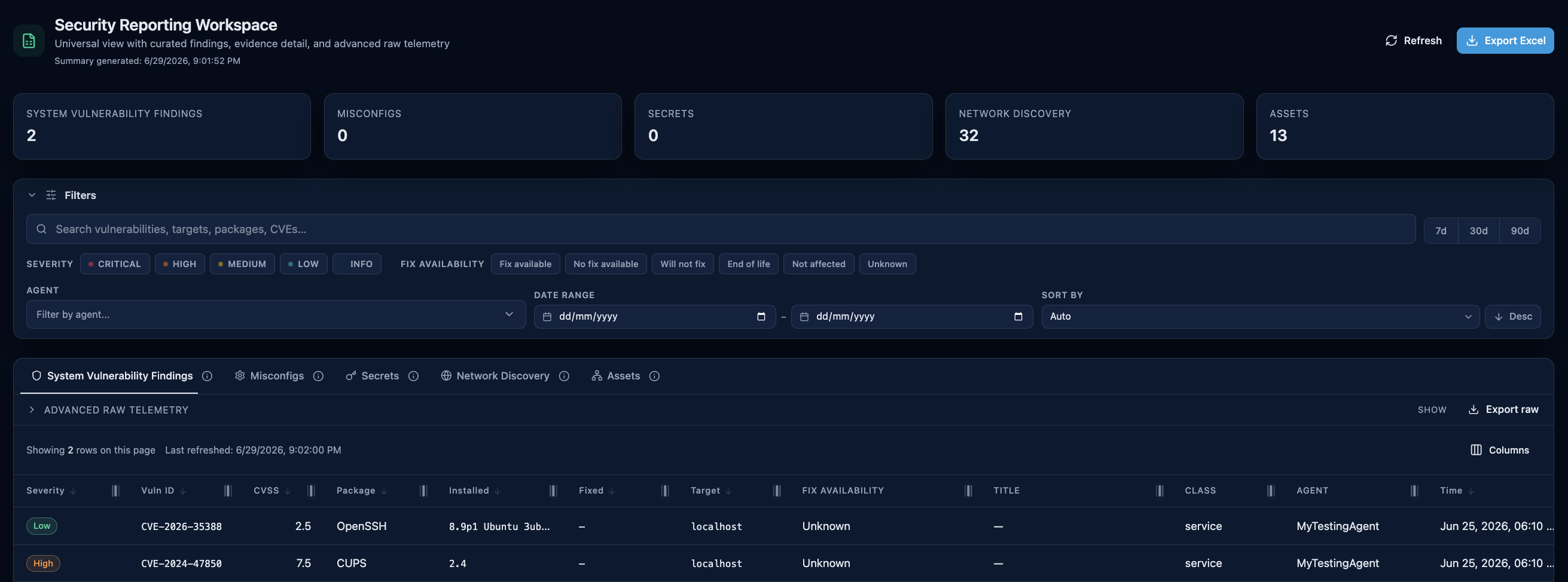 Security reporting workspace with summary tiles, filters, and a vulnerability findings table
